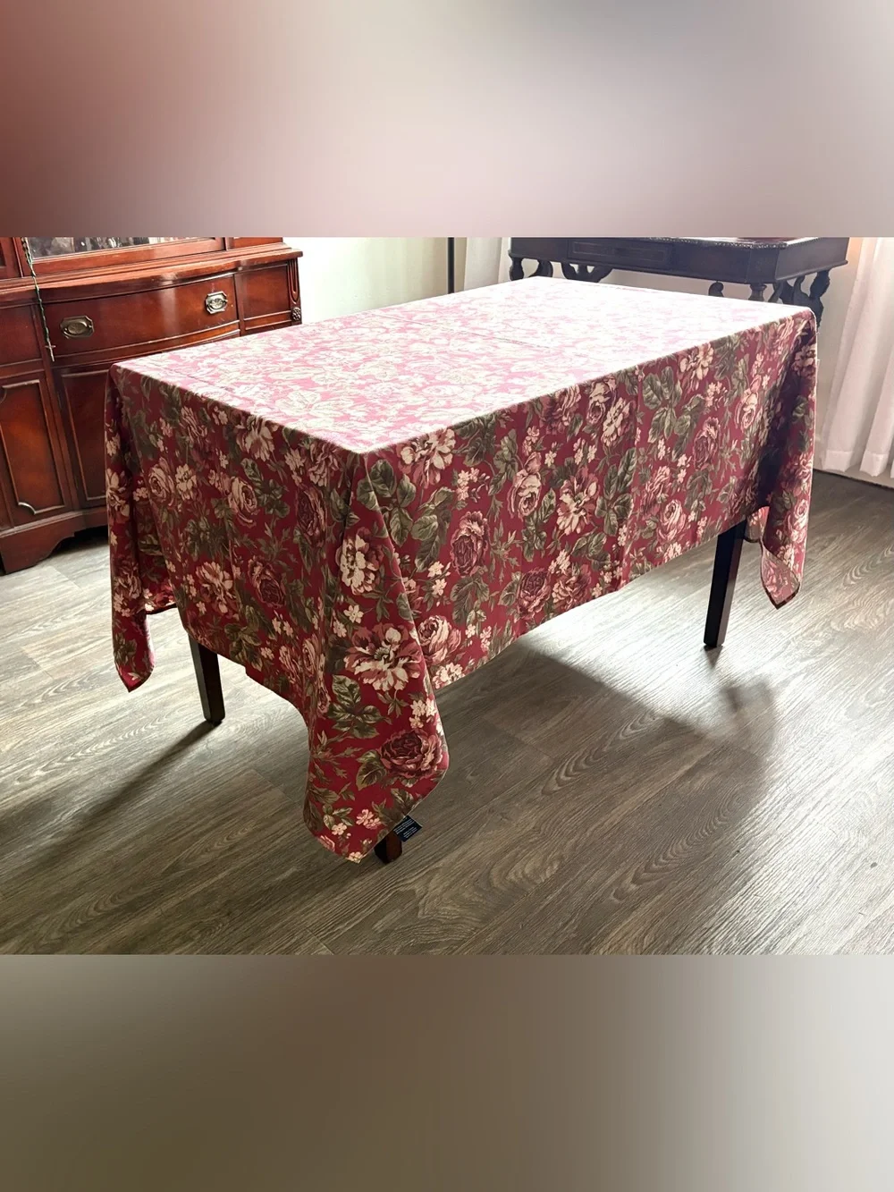 Vintage Tablecloth Chaps Home Pink Roses on Red French Country Cotton 60x82